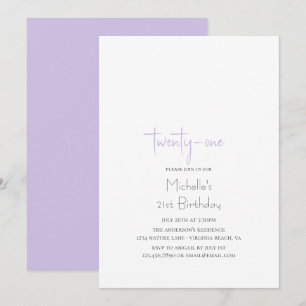 Lavendel Enkel Modern Minimalistisk 21-årsdag Inbjudningar