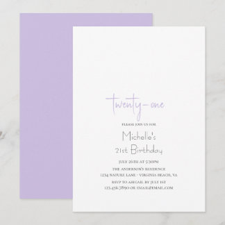 Lavendel Enkel Modern Minimalistisk 21-årsdag Inbjudningar