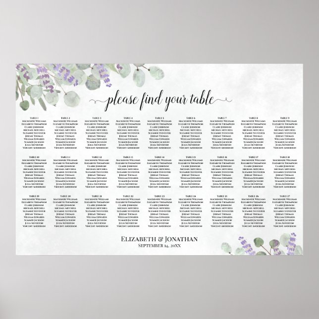 Lavendel Eucalyptus 27 Bord Bröllop Placeringsplan Poster (Framsidan)