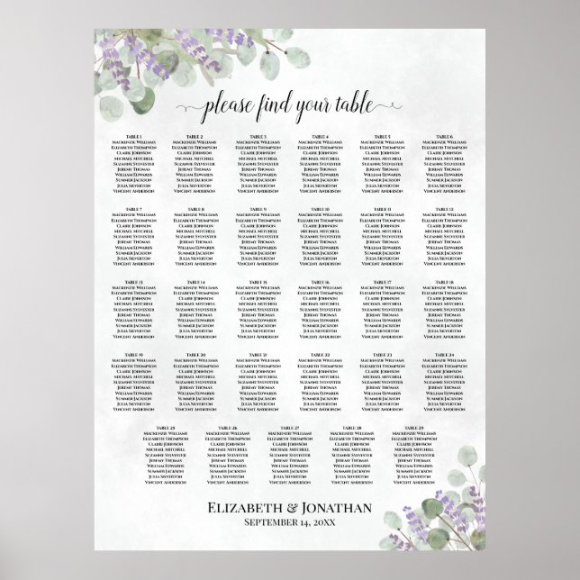 Lavendel Eucalyptus 29 Bord Bröllops Placeringspla Poster (Framsidan)