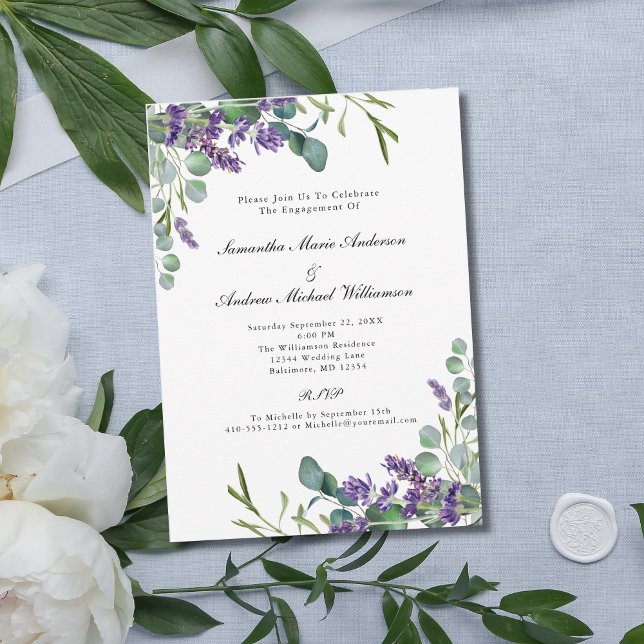 Lavendel Eucalyptus Blommig Botanisk Förlovning Inbjudningar (Lavender Eucalyptus Floral Watercolor Elegant Formal Engagement Party Invitation)