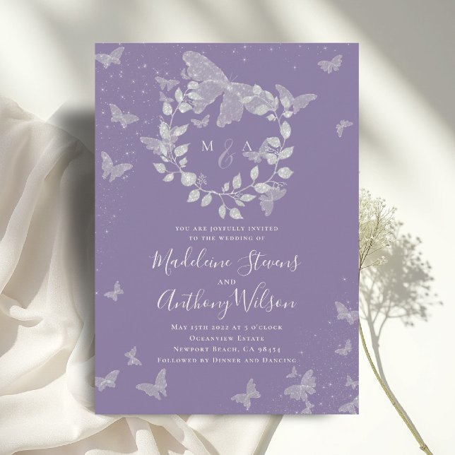 Lavendel Eukalyptus Eterskt Fjärilsbröllop Inbjudningar (lavender wedding invitation butterflies eucalyptus crest modern classic romantic elegant calligraphy)