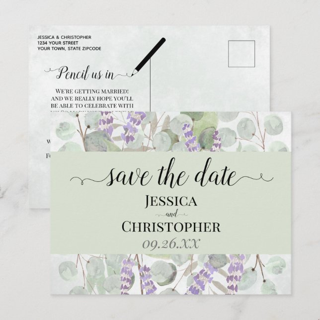 Lavendel & Eukalyptus Grön Bröllops Inbjudan att S (Fram/baksida)