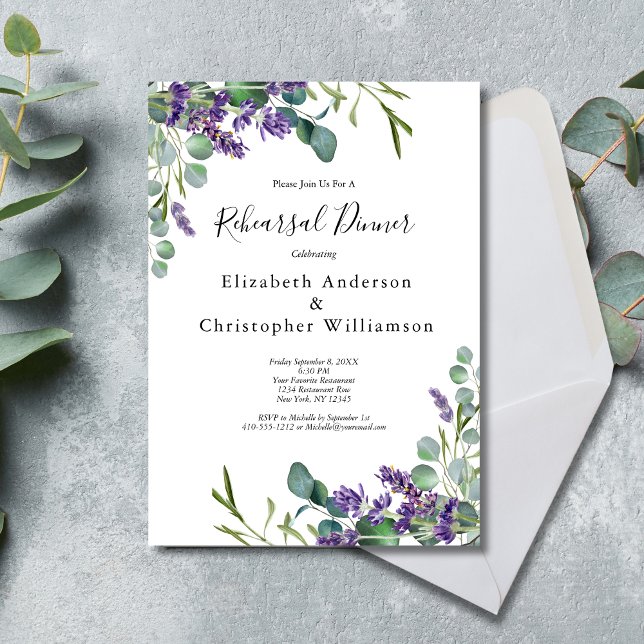Lavendel Eukalyptus Grönska Övningsmiddag Inbjudningar (Lavender Eucalyptus Wedding Rehearsal Dinner Invitation. Elegant Watercolor Greenery)