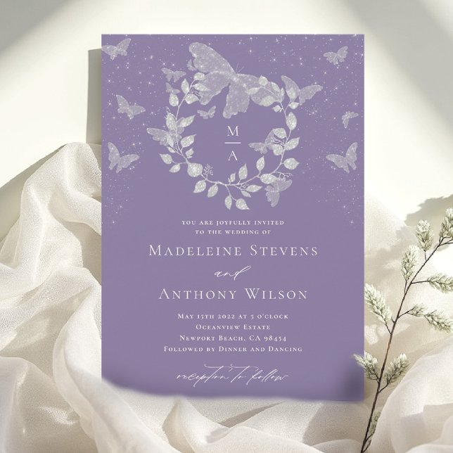 Lavendel Eukalyptus Modern Vit Fjäril Bröllop Inbjudningar (lavender wedding invitation butterfly eucalyptus modern classic romantic elegant initials bespoke)