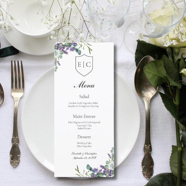 Lavendel Eukalyptus Monogram Bröllopsmeny (Monogram Initials Lavender Eucalyptus Wedding Menu)