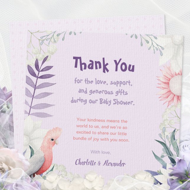 Lavendel Fågel Könsneutrala Bebisduschen Tack Kort (Enchanted Lavender Garden Gender-Neutral Baby Show Thank You Card ©Susanne Sachers - Sunny Mind 🌞)