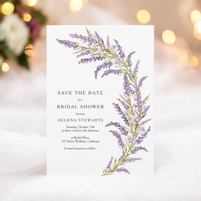Lavendel Fall blommig bröllopsdusch i akvarell Spara Datumet (Lavender Fall floral watercolor bridal shower Save The Date)