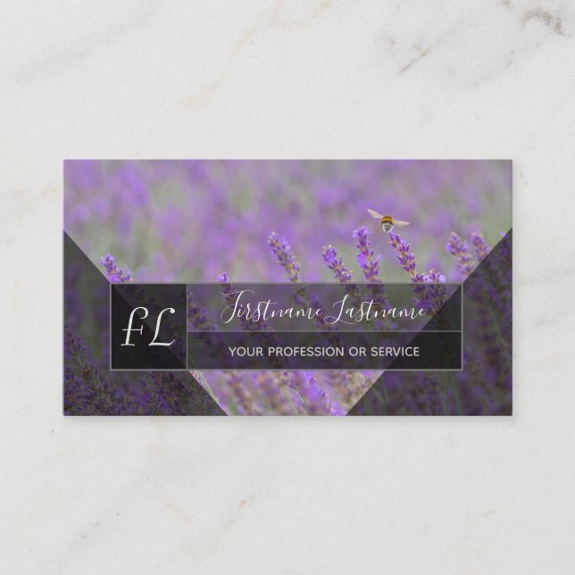 Lavendel fält humla grå trianglar monogram b visitkort (Framsida)