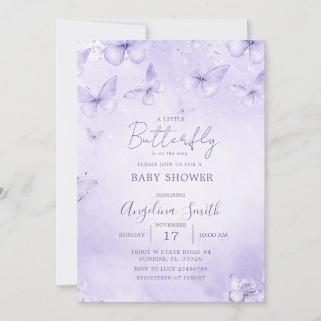 Lavendel Fjäril Baby Shower Inbjudan Tjej (Framsida)