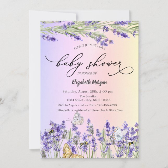 Lavendel fjäril baby shower   inbjudningar (Framsida)