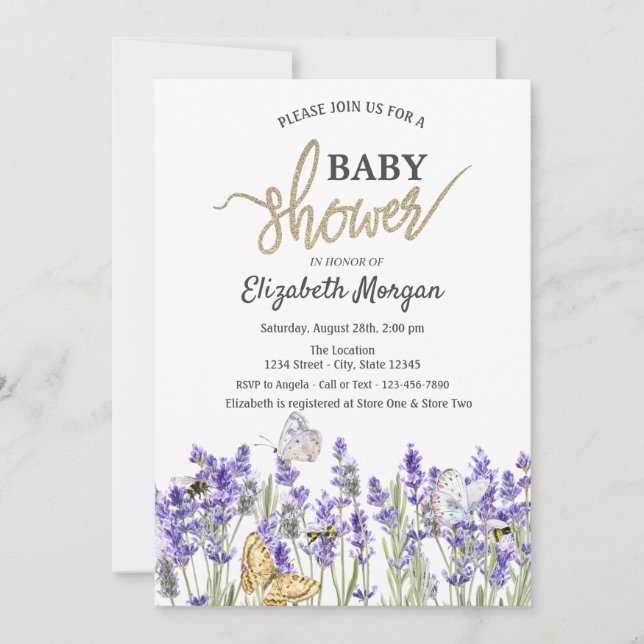 Lavendel Fjärilar Botanisk Bebis Shower Inbjudningar (Framsida)