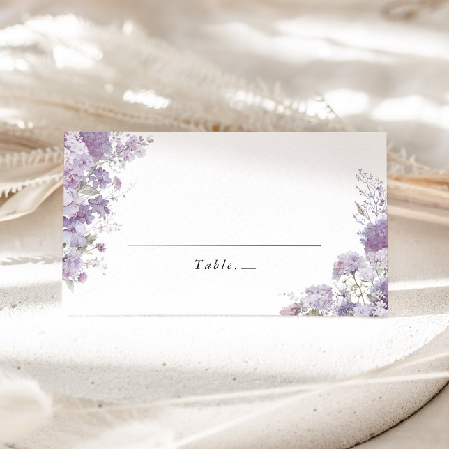 Lavendel Floral Watercolor Bröllopsplatskort Placeringskort (Lavender floral wedding place cards, tent style, watercolor hydrangea, escort cards, elegant table)