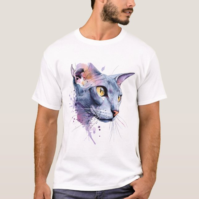 Lavendel Geometrisk Akvarell Katt Ansikte Konst T Shirt (Framsida)