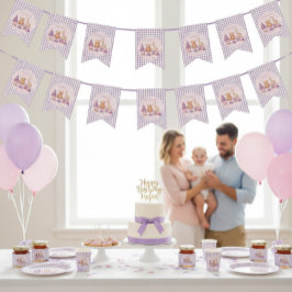 Lavendel Gingham 1-års Födelsedagsgiron Vimplar