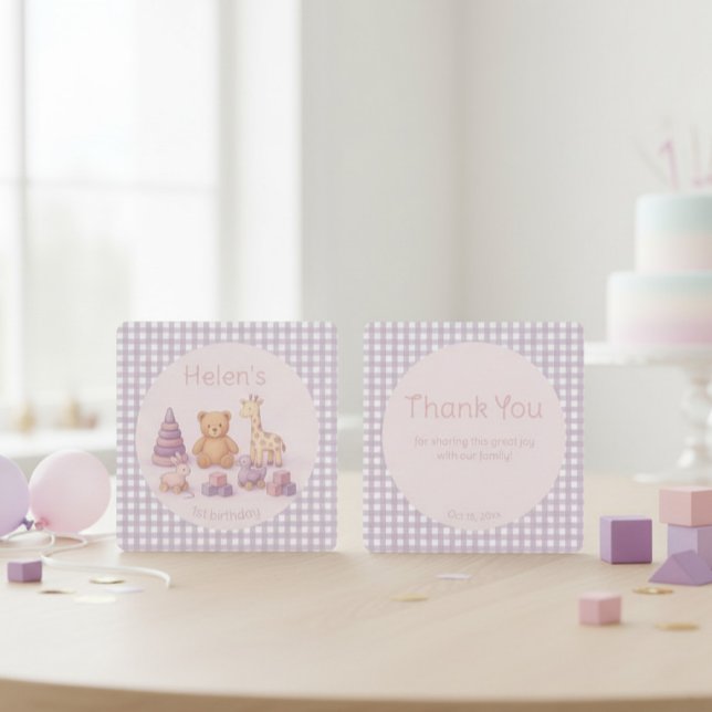 Lavendel Gingham 1-årsfirande Tack Kort (Skapare uppladdad)
