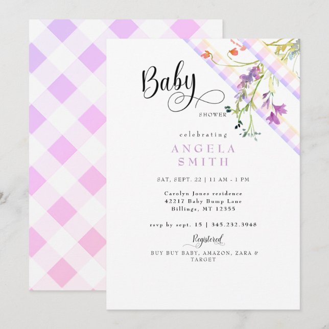Lavendel Gingham Vilda Blommor Baby Shower Inbjudningar (Fram/baksida)