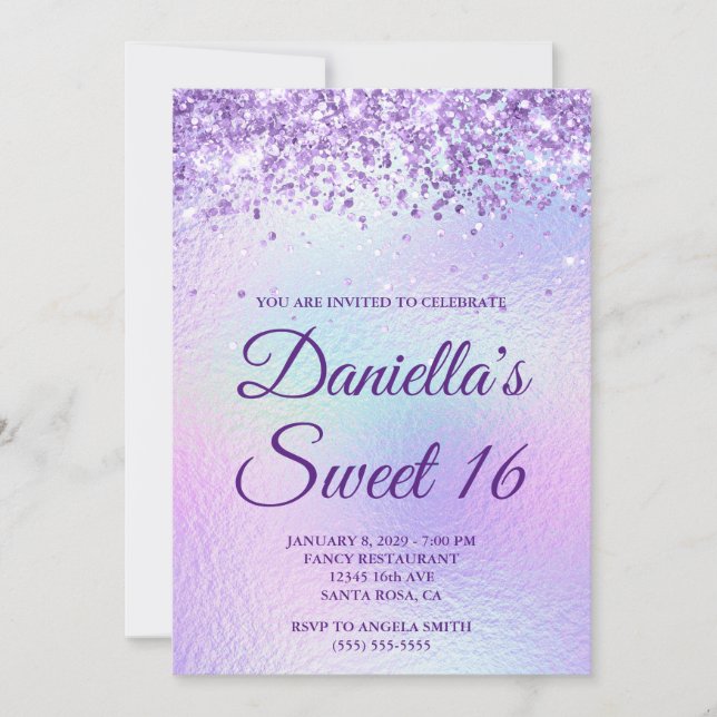 Lavendel Glitter Iridescent Folie Sweet 16 Inbjudningar (Framsida)