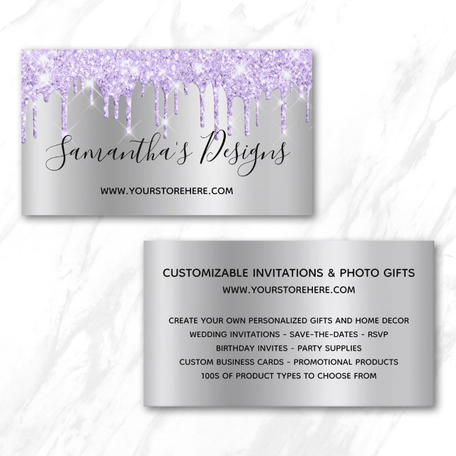 Lavendel Glitterdroppar Silverfärgad Ombre Webbuti Visitkort (Lavender Glitter Drips Silver Ombre Online Store Business Card)