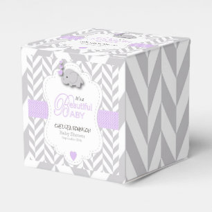 Lavendel grå elefantbaby shower för vit presentaskar
