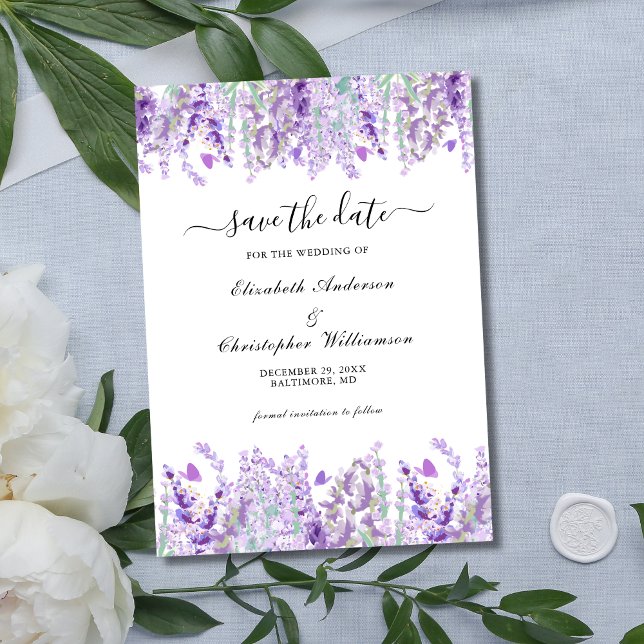 Lavendel Grönska Blommig Botanisk Elegant Bröllop Spara Datumet (Lavender Greenery Boho Floral Botanical Wedding Save the Date)