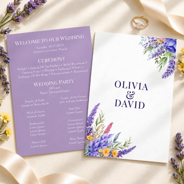 Lavendel Gul Vildblomma Bröllopsprogram Inbjudningar (Boho Lilac Watercolor Wildflower Wedding Program)