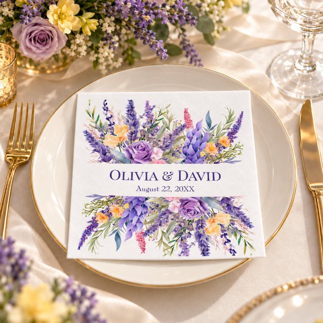 Lavendel gula vildblomma bröllops servetter i papp (Boho Lilac Watercolor Wildflower Wedding Napkins)