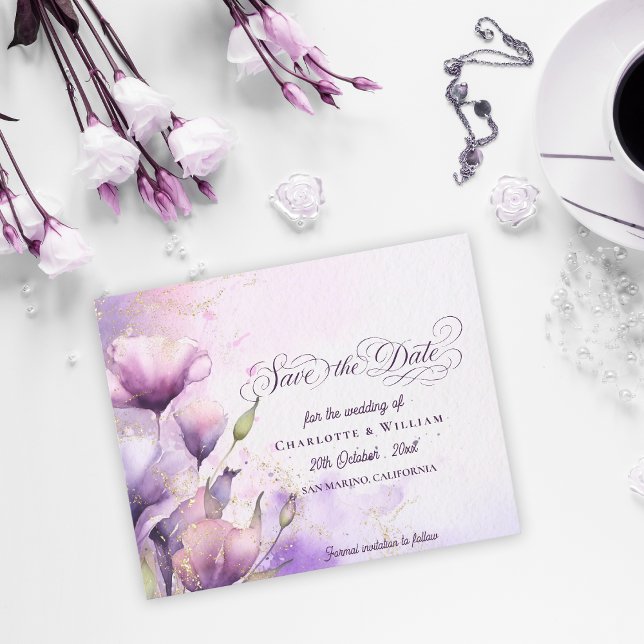Lavendel Guld Blommig Bröllop Spara Datum (Lavender Gold Floral Wedding Save the Date)