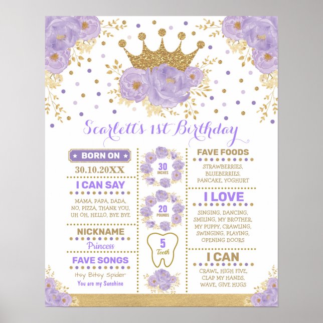 Lavendel Guld Blommig Kronprinsessa Milstolpe Poster (Framsidan)