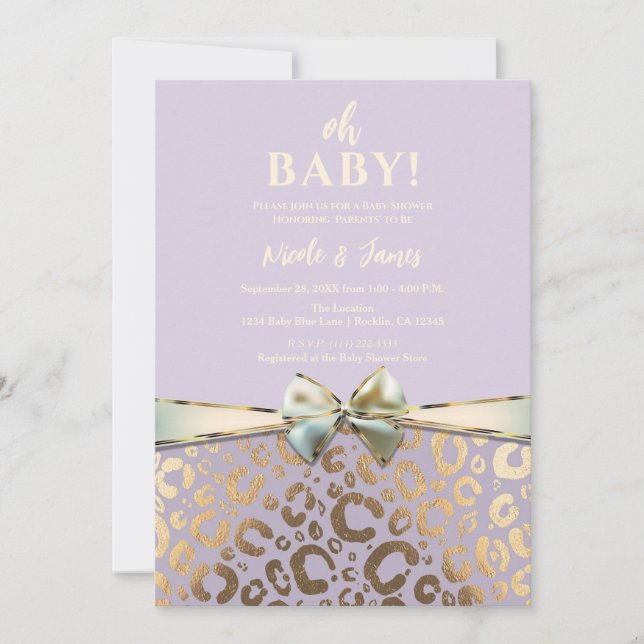 Lavendel Guld Kräm Glam Leopardtryck Baby Shower Inbjudningar (Framsida)