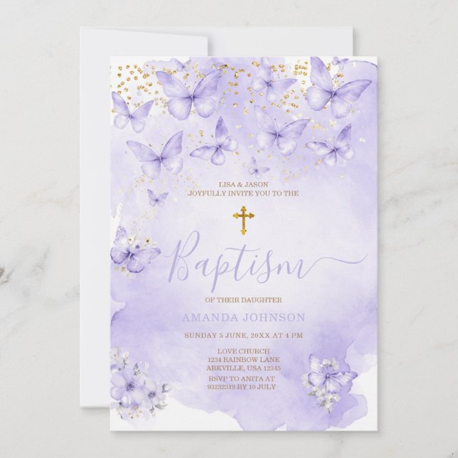 Lavendel Guld Lila Fjäril Dop Inbjudan (Framsida)
