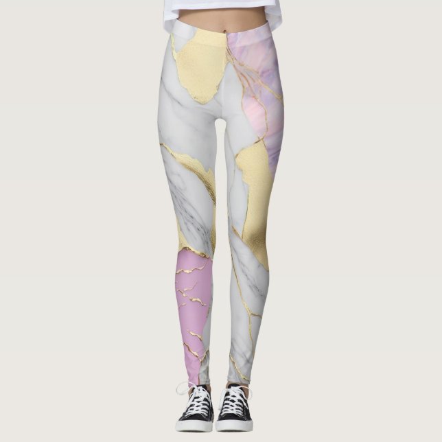 Lavendel & Guld Marmor Luxe Leggings (Framsida)
