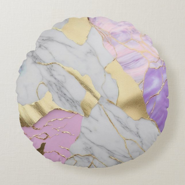 Lavendel & Guld Marmor Luxe Rund Kudde (Framsidan)