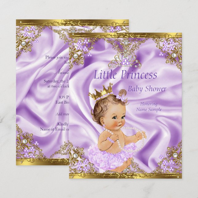 Lavendel Guld Prinsessa Barnkalas Brunett Flicka Inbjudningar (Fram/baksida)