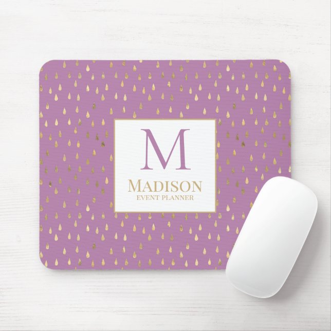 Lavendel Guld Regndroppe Modern Trendig Monogram Musmatta (Med mus)