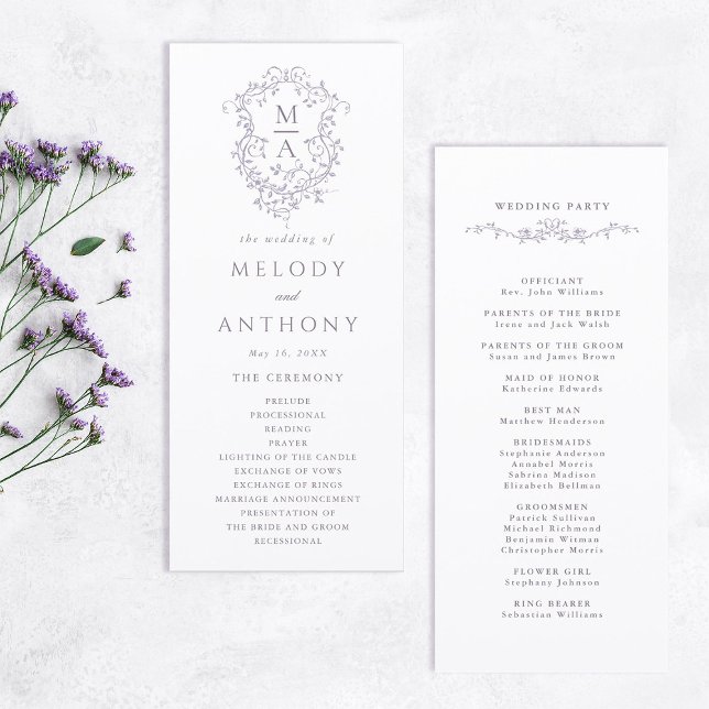 Lavendel Klassisk Blommig Kam Wedding Ceremoni Program (Front & Back)