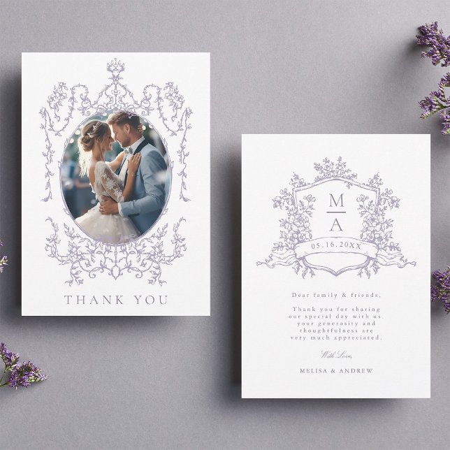 Lavendel Klassisk Blommig Ram Bröllopsfoto      Tack Kort (Front & Back)