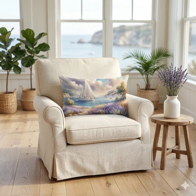 Lavendel kustlinje Segelbåt Akvarell Scen Lumbarkudde (Lavender Coast Sailboat Watercolor Scene Lumbar Pillow On Chair)