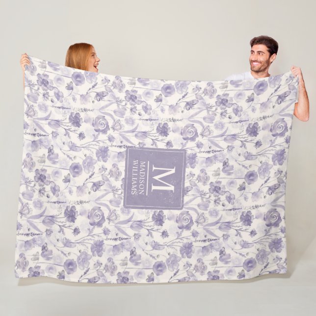 Lavendel Lila Akvarell Blommig Blommor Mönster Fleecefilt (På plats)