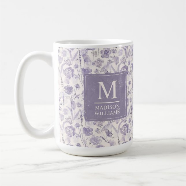 Lavendel Lila Akvarell Blommig Blommor Mönster Kaffemugg (Vänster)