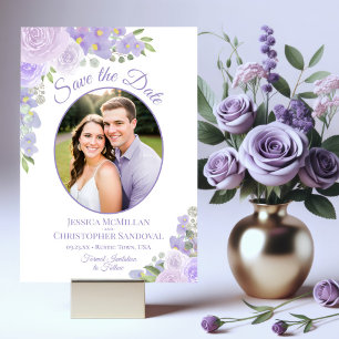 Lavendel Lila Akvarell Blommig & Foto Bröllop Spara Datumet