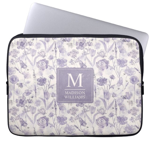 Lavendel Lila Akvarell Blommor Mönster Laptop Fodral (Framsidan)