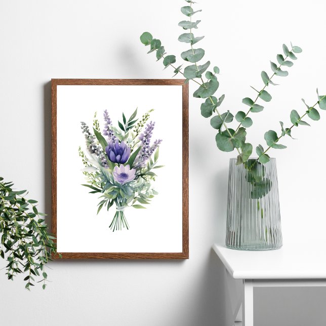 Lavendel Lila Blomma Eukalyptus Grönska Bukett Poster (Lavender, purple flowers, eucalyptus and greenery in this beautiful bouquet of flowers.)