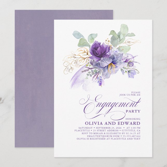 Lavendel Lila Blommig Botanisk Förlovningsfest Inbjudningar (Fram/baksida)