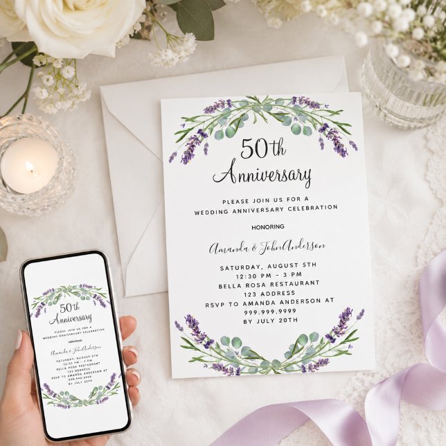 Lavendel lila blommor 50-års bröllopsjubileum inbjudningar (Skapare uppladdad)