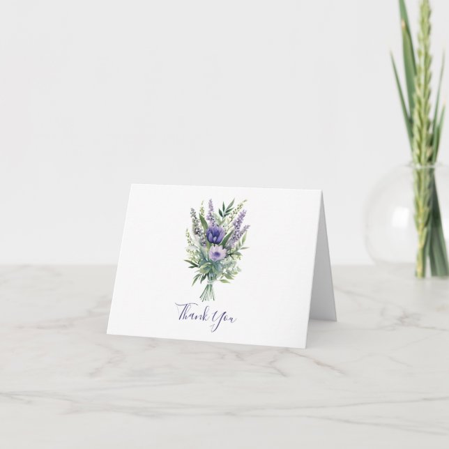 Lavendel lila blommor grönska tackkort (Framsida)