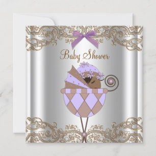 Lavendel Lila Brun Spets Flickbarns Baby Shower Inbjudningar