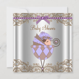 Lavendel Lila Brun Spets Flickbarns Baby Shower Inbjudningar