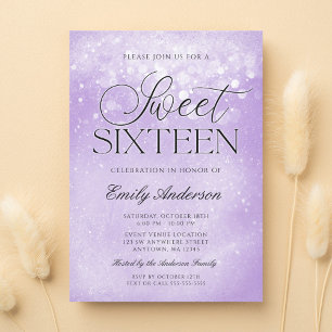 Lavendel Lila Glitter Sweet 16 Inbjudningar