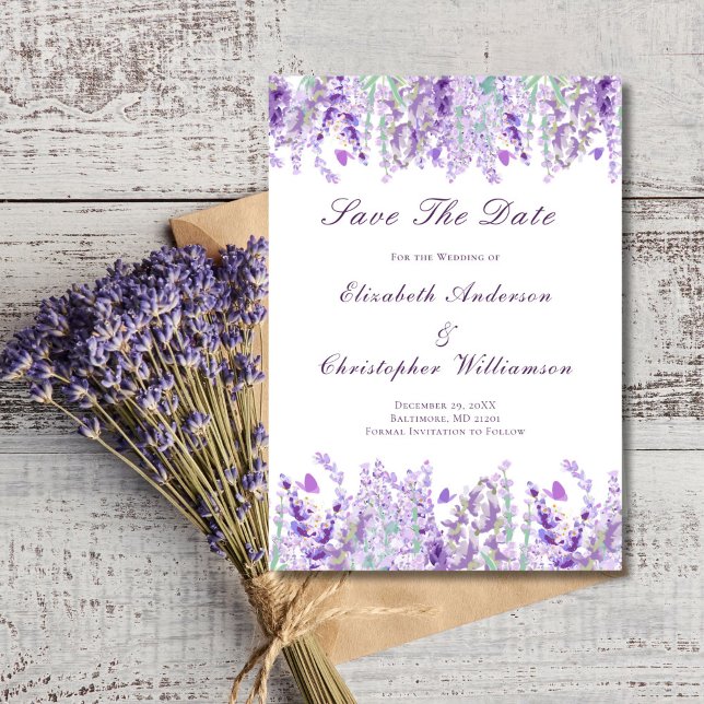 Lavendel Lila Grön Blommig Akvarell Elegant Spara Datumet (Lavender greenery watercolor floral, Wedding Save the Date invitation card. )